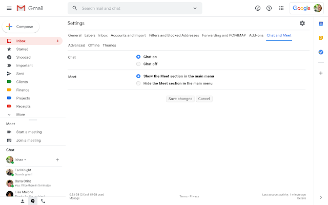 Screenshot of Show or Hide Google Meet in Gmail