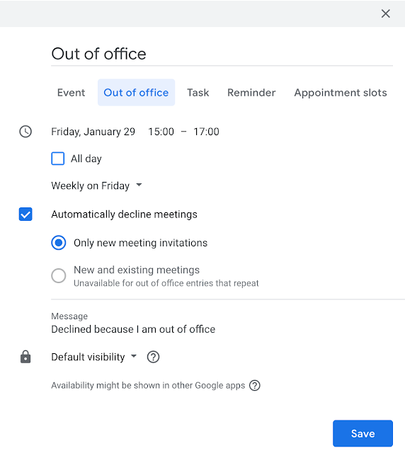 Creating repeating out of office entries in Google Calendar
