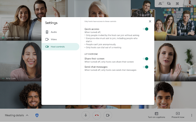 Google Meet quick access settings